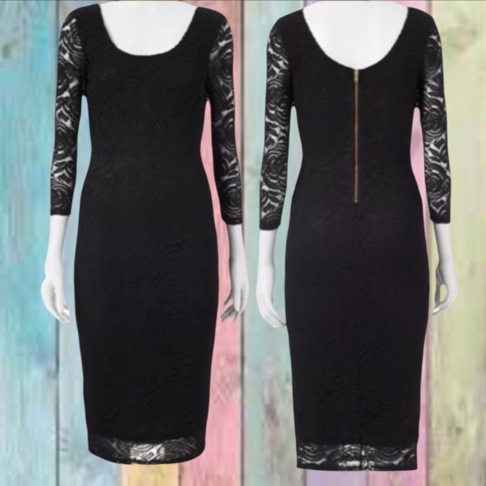 Candie’s Black Floral Lace Overlay Lined Column Midi Dress